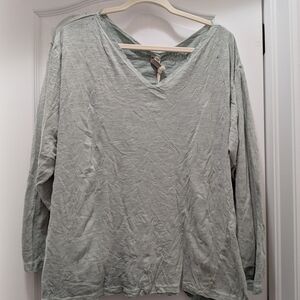 Magnolia Pearl Mint V-Neck Long Sleeve Tee With Hand Fading And Distress